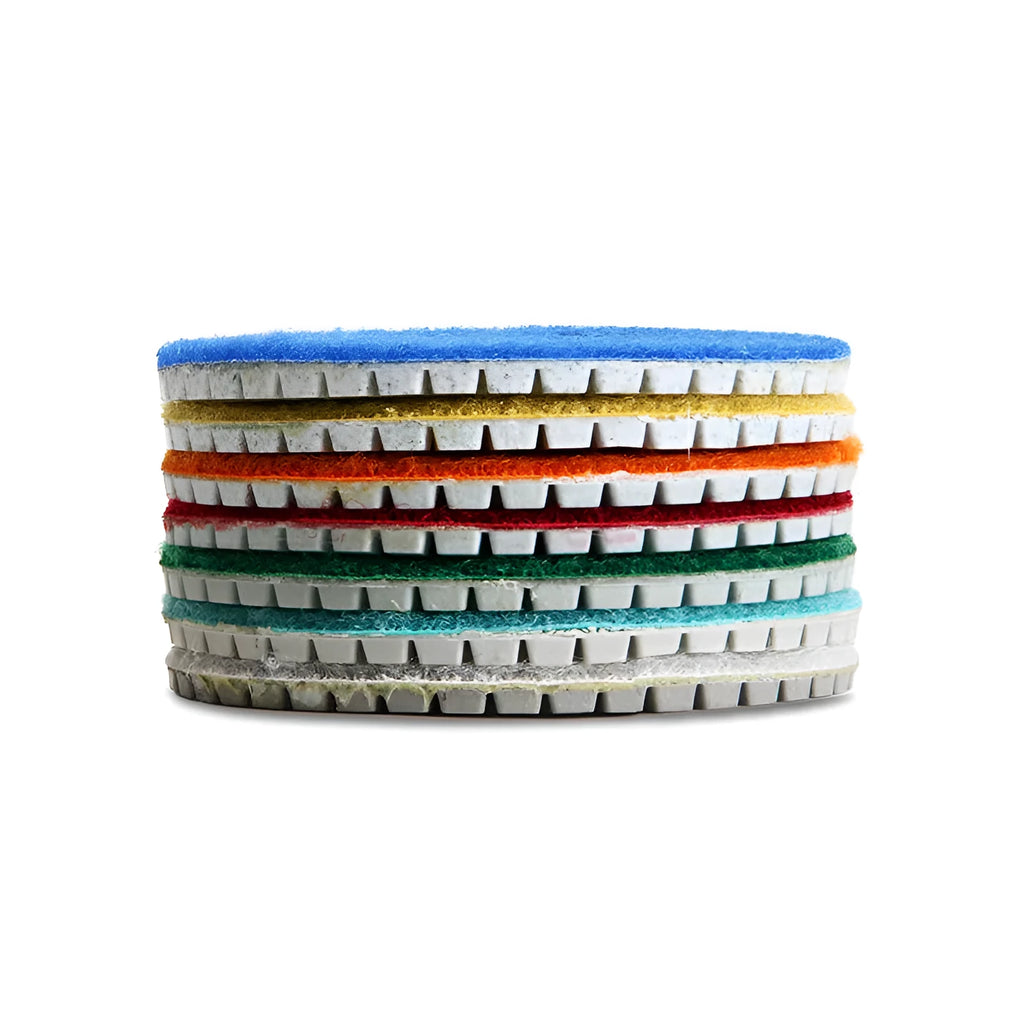 Set of 10 stone polishing pads with emery abrasive, showing 80mm diameter and central 10mm hole.