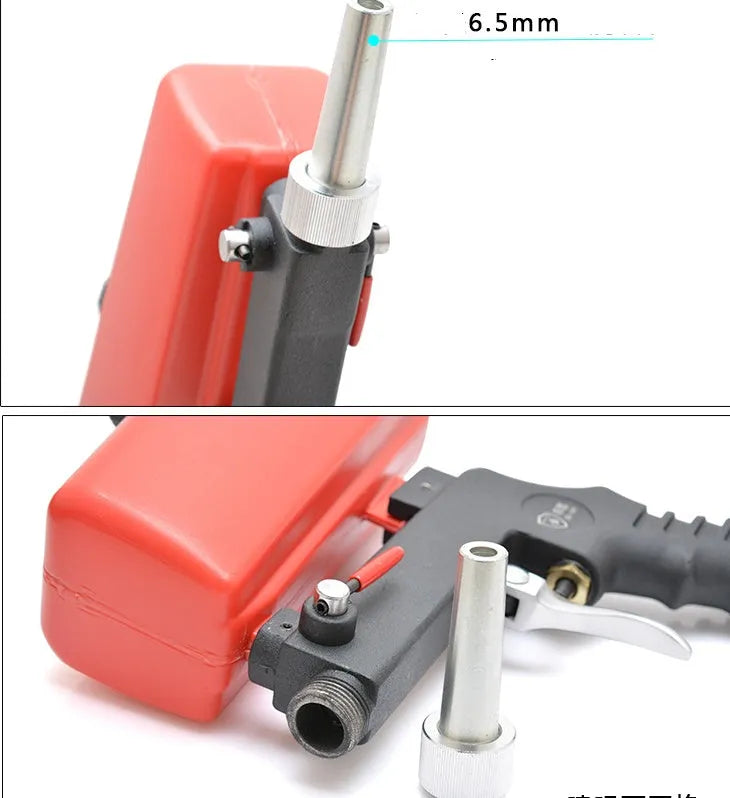 Portable black pneumatic sandblasting gun with gravity feed pot and 6.5mm nozzle.