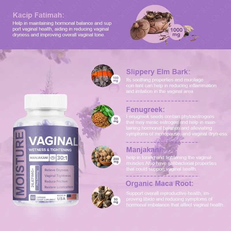 Bottle containing 60 vaginal capsules with herbal extraction formula for adult women's intimate wellness