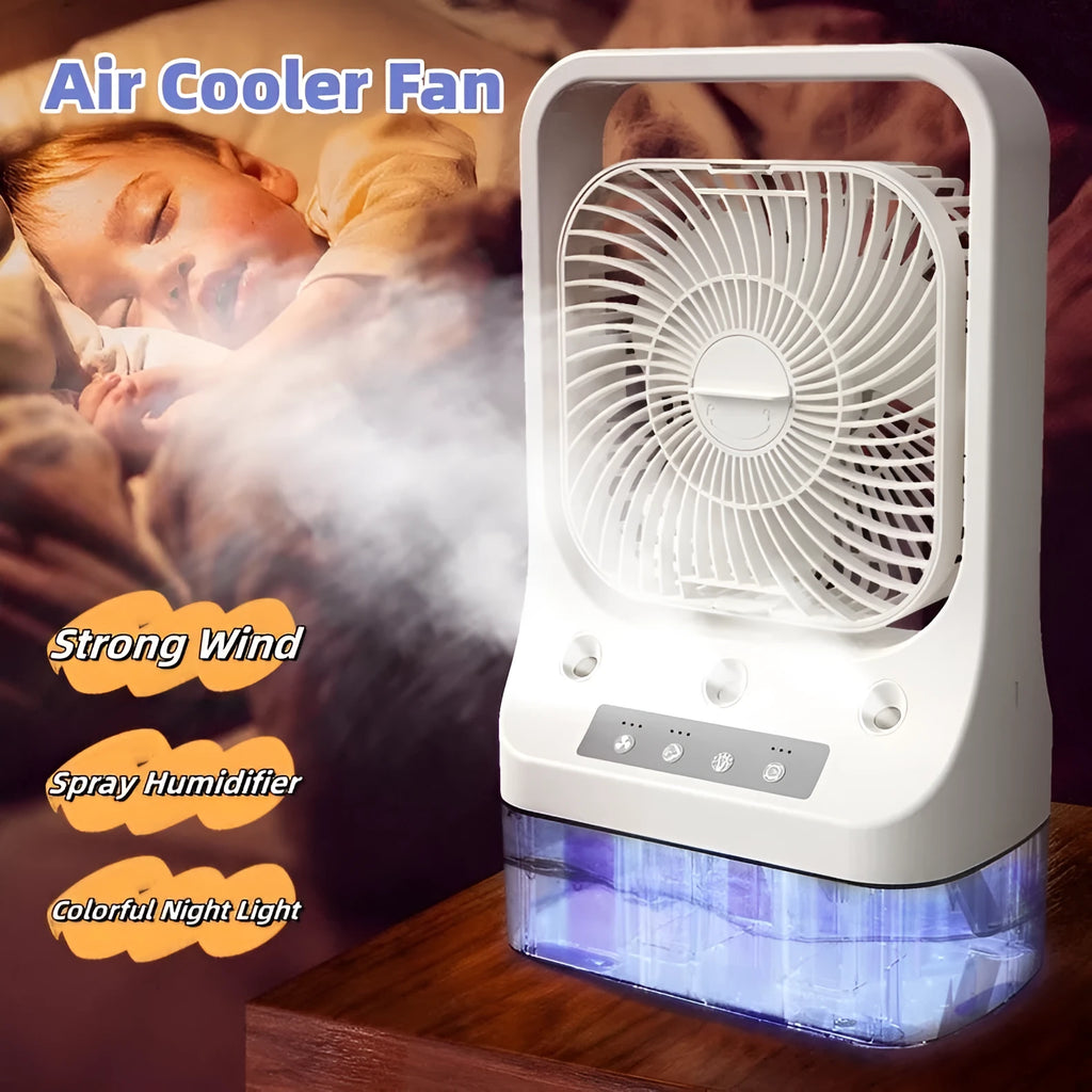 White USB rechargeable water-cooled air cooler fan with adjustable head on a table.