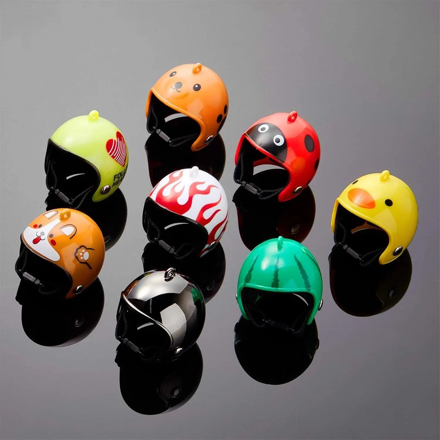 Small hard plastic pet helmet with elastic straps, shown on a chicken.