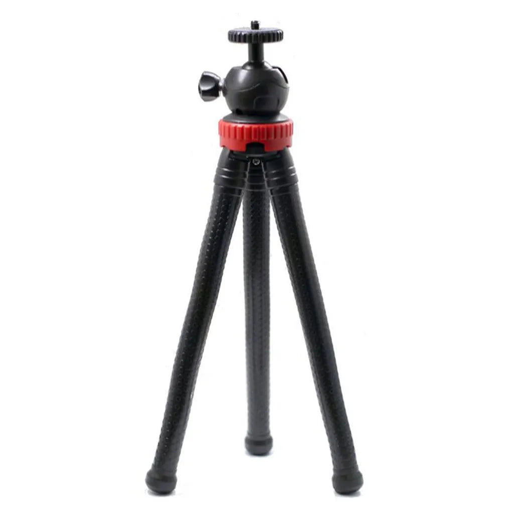 Black octopus tripod with flexible legs and spherical gimbal ball head for cameras and smartphones
