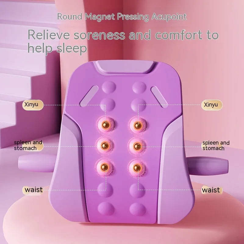 Lumbar traction tensioner in pink PP and EVA construction for yoga and fitness back stretching