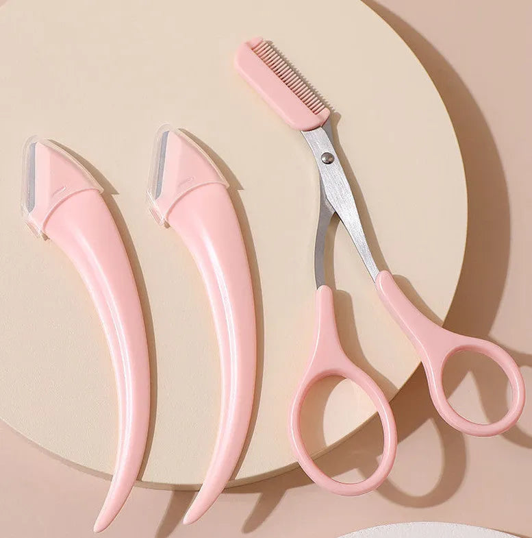 Curved moon eyebrow trimming knife with comb in white, pink, or green colours