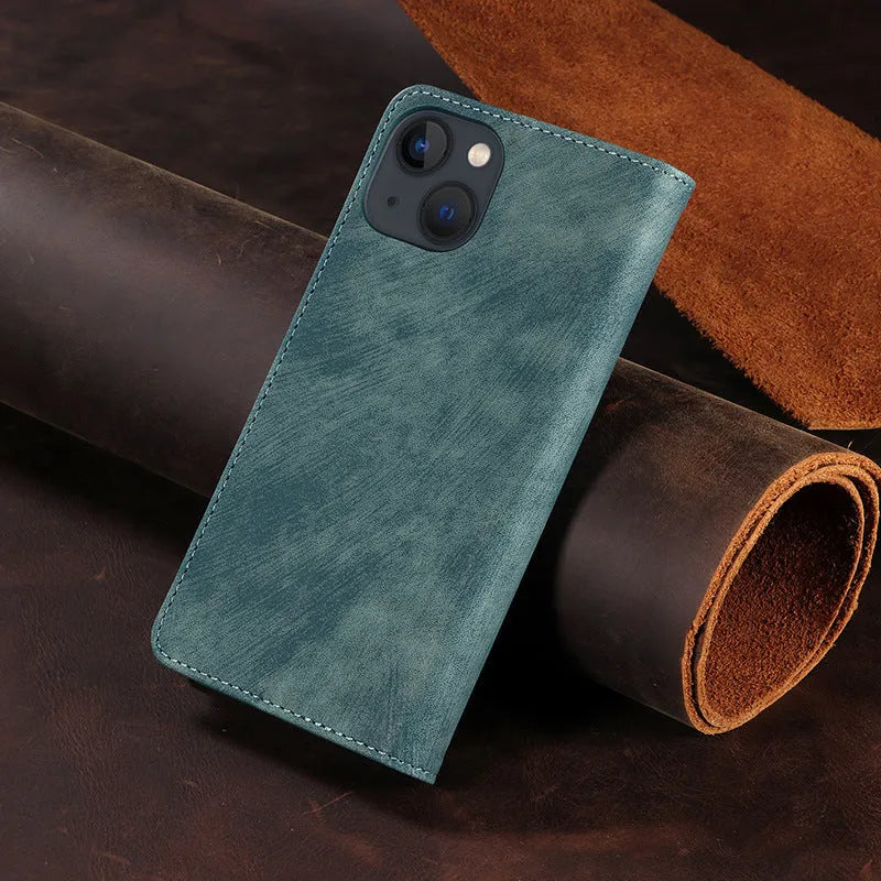 Magnetic flip phone case for iPhone in leather and TPU, shown closed and open with cards in slots.