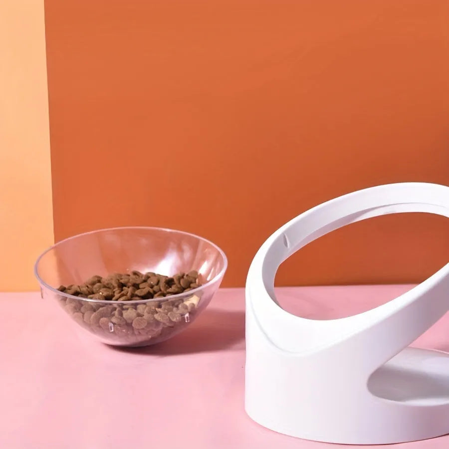 White clear plastic elevated cat food bowl with anti-vomit tilt design on stable base