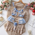 Light blue lace push-up bra and matching pants set with mesh detailing