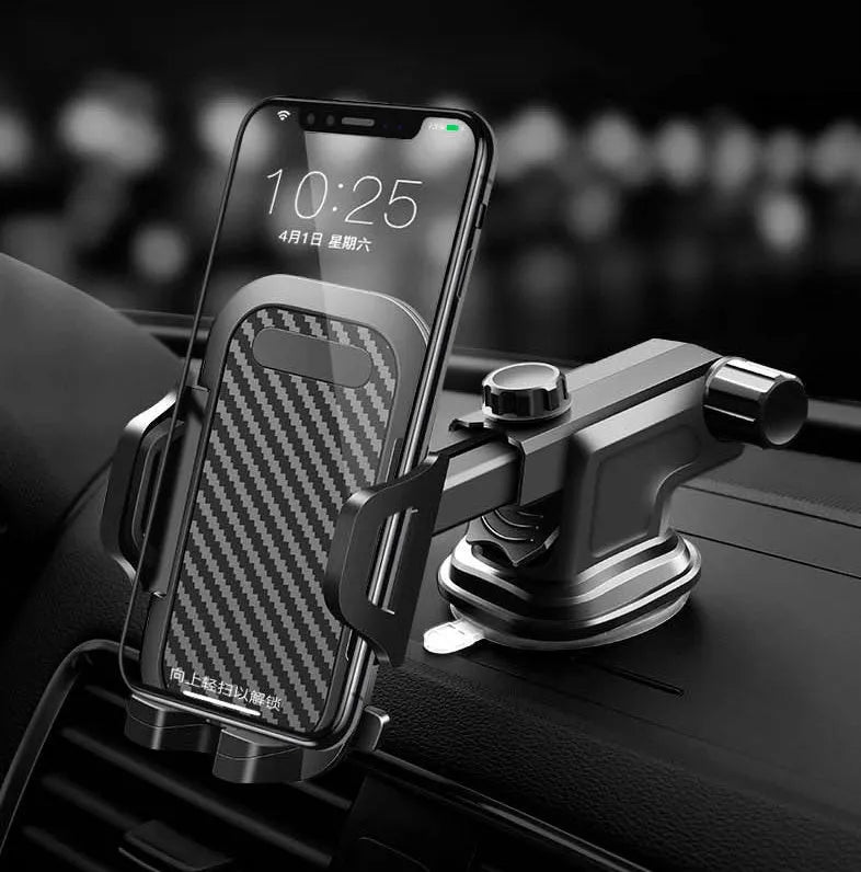 Black adjustable car phone holder with clamp for 4-7 inch smartphones on a car dashboard.