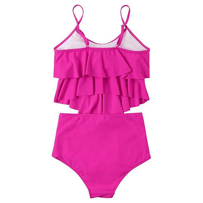 Ruffled bikini swimsuit in polyester, 82% fabric with 18% lining, available in Black, Green, Rose Red, sizes S-XL