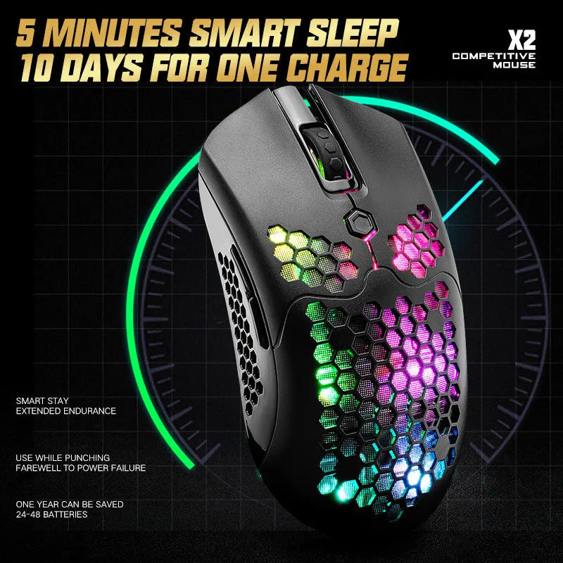 Free Wolf X2 wireless RGB gaming mouse in black on a mouse pad, showing ambidextrous shape and side buttons.