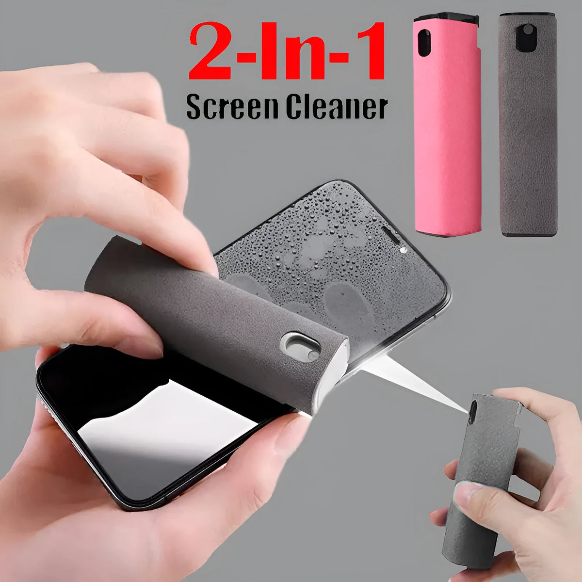 All-in-one screen cleaner with microfiber wipe and 10ml spray bottle, 9cm by 2.7cm, for phones, tablets and laptops