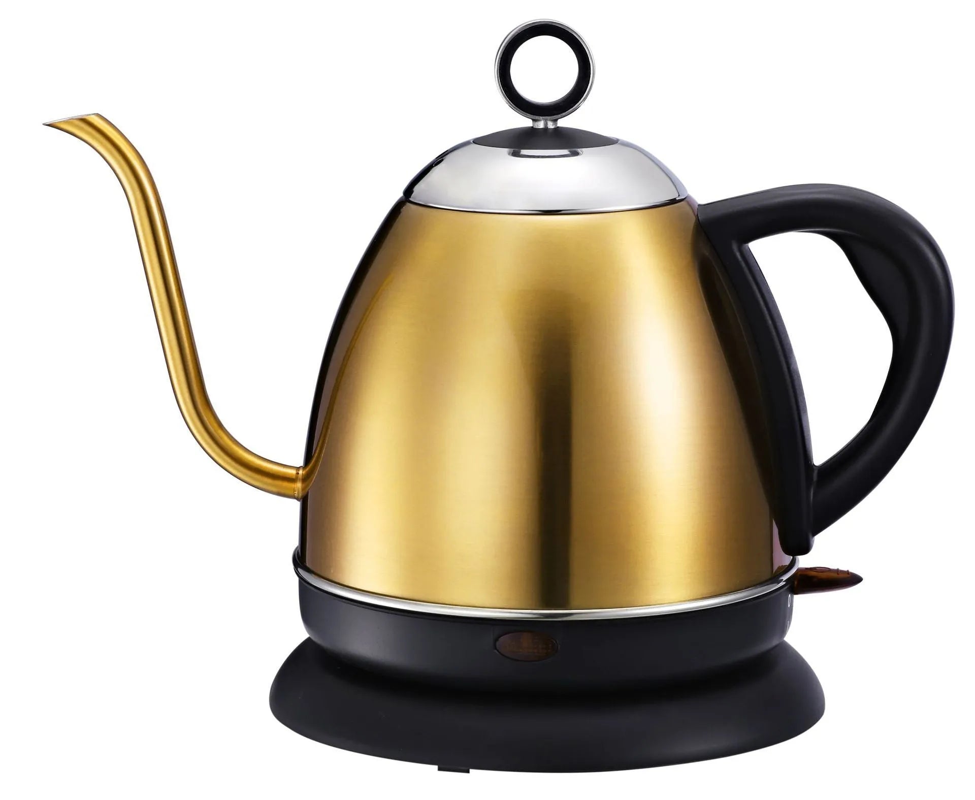 Gold full-automatic stainless steel kettle with touch controls and 1L capacity for making coffee.