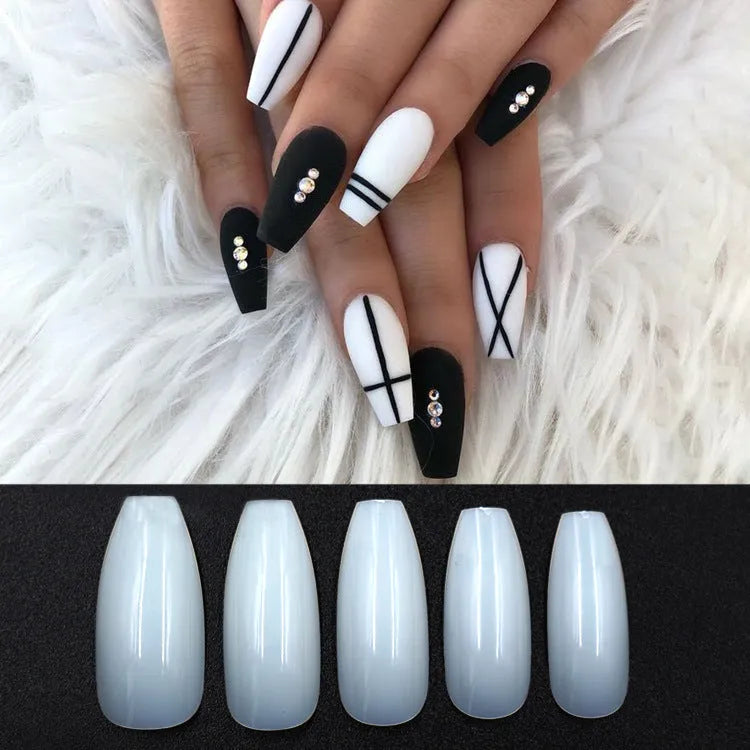 Clear transparent ABS false nails in a pack of 500 pieces, showing French tip design and range of sizes.
