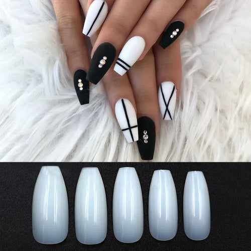 Clear transparent ABS false nails in a pack of 500 pieces, showing French tip design and range of sizes.