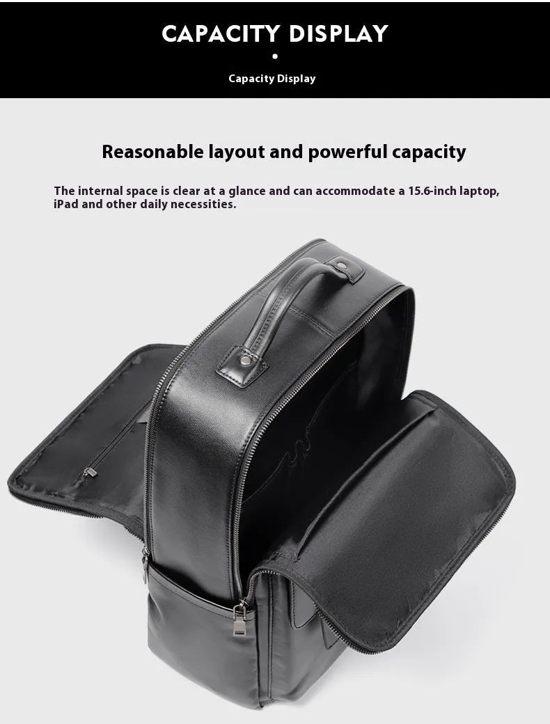 Men's large capacity leather computer backpack with 36-55L storage in black