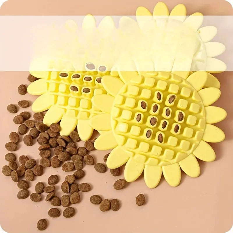 Yellow rubber sunflower dog chew toy for small dogs and puppies, 7.5cm diameter