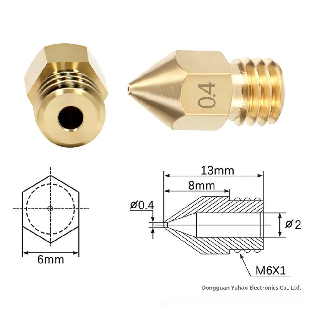 MK8 brass 3D printer nozzle and stainless steel cleaning pin on a white background.