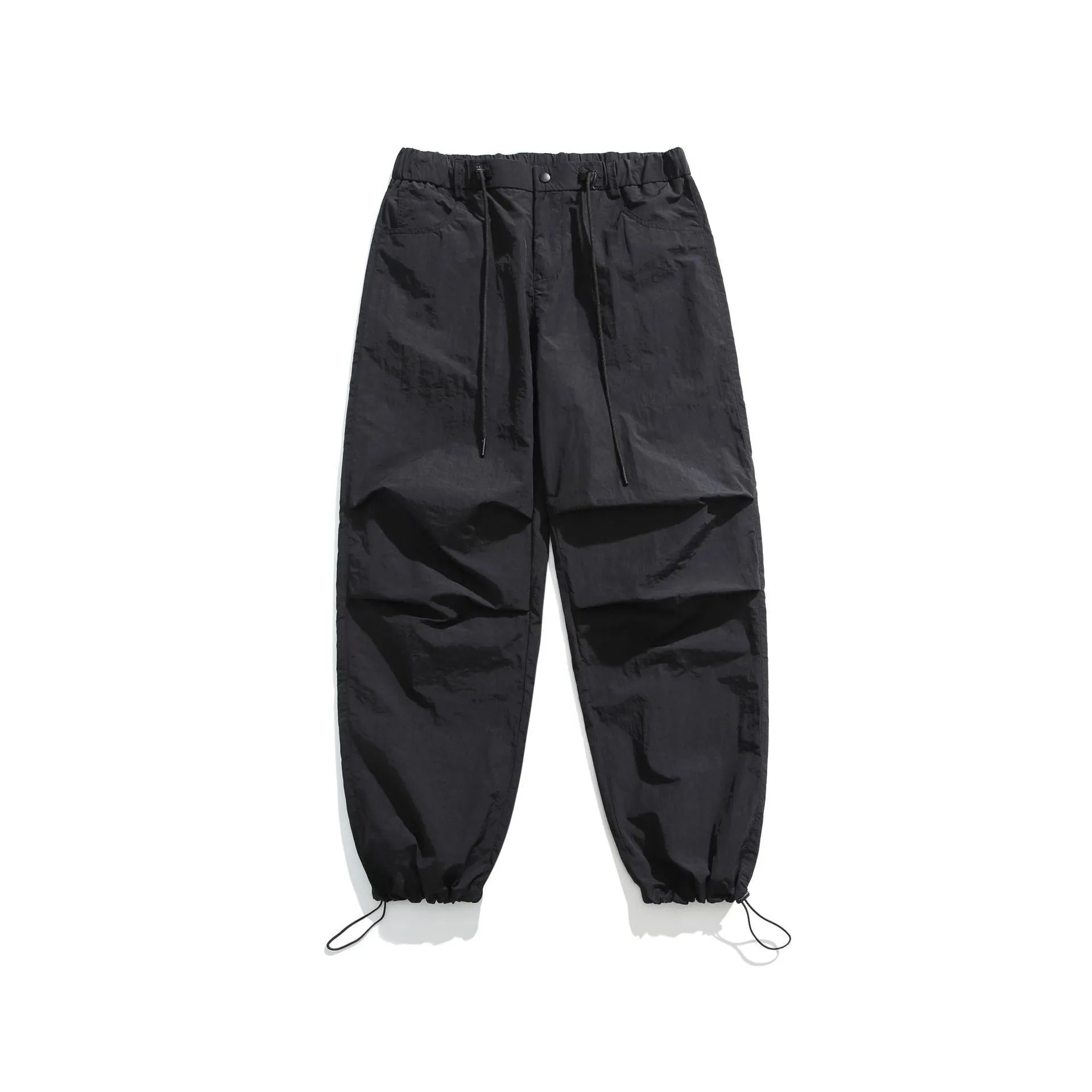 Men's loose straight-leg casual trousers in thin ice silk nylon fabric, shown in apricot colour.