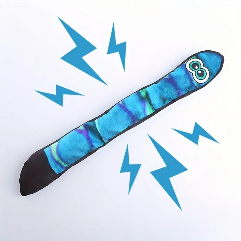 Multicolour stripe print snake plush dog squeaky toy on white background.