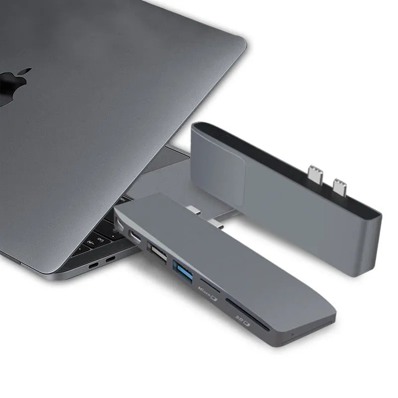 Eight-interface computer card reader adapter for MacBook Pro with dual USB-C connectors