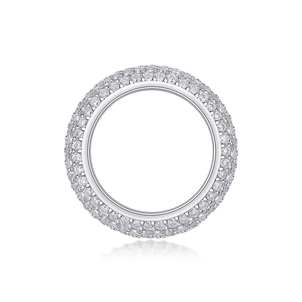 Moissanite wedding ring with S925 silver platinum plated band on flat surface showing stone and certificate