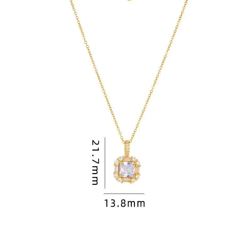 Gold clavicle chain necklace with geometric zircon pendant on titanium steel wave chain