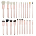 26 pink makeup brushes with wooden handles in a portable PU case