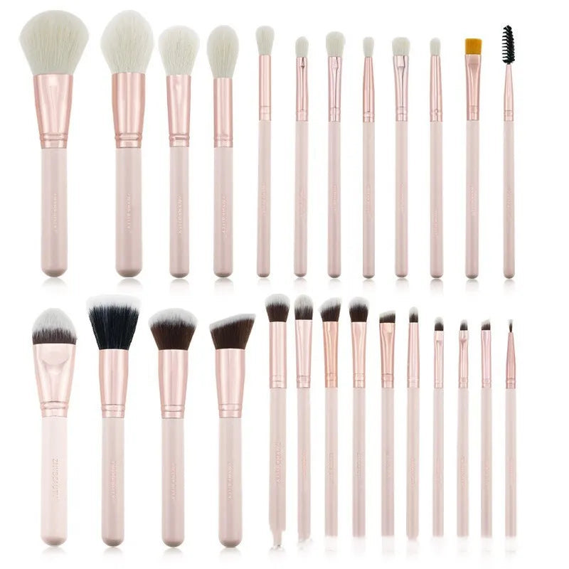 26 pink makeup brushes with wooden handles in a portable PU case
