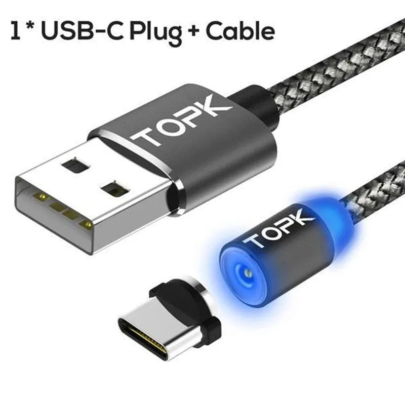 Aluminium alloy magnetic USB cable with three detachable plug heads for Apple, Android and Type-C phones.