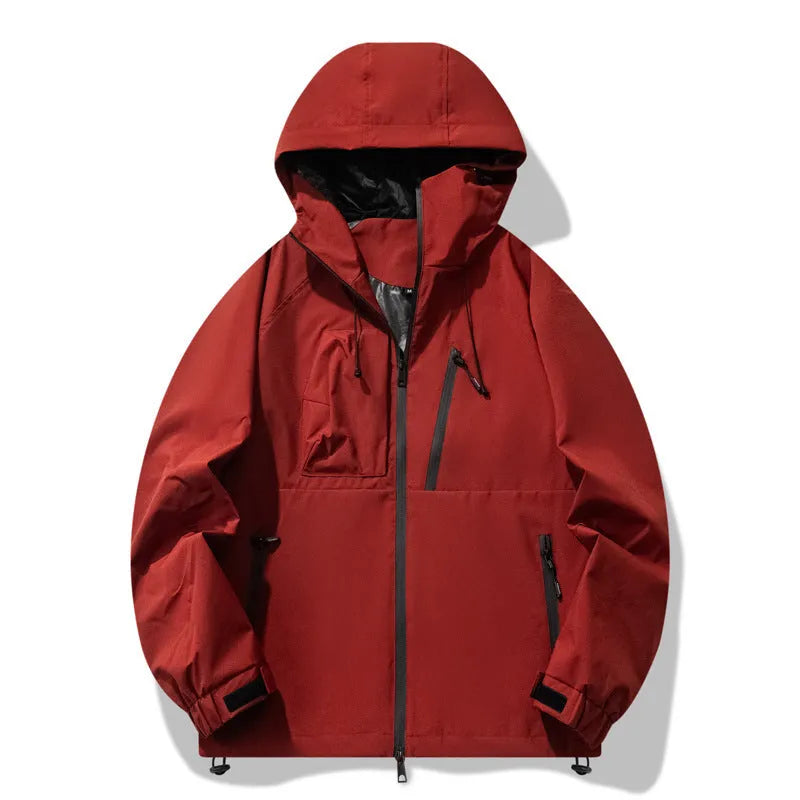 Men's black three-proof outdoor windproof waterproof jacket with zippered pockets, regular fit, polyester blend fabric
