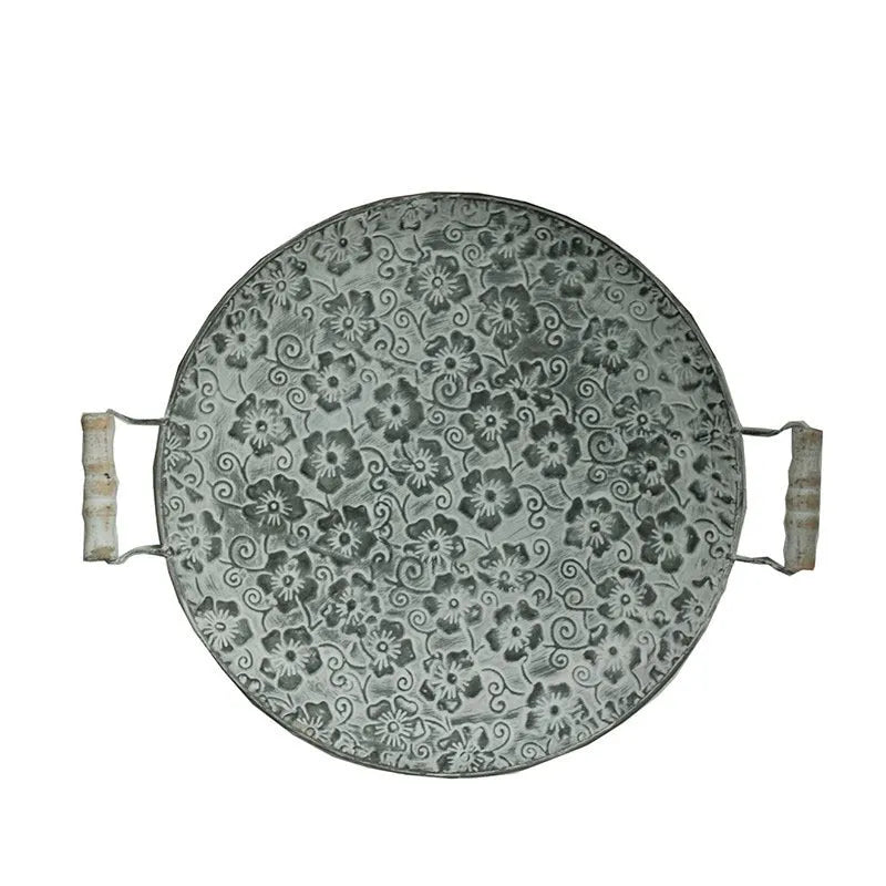 European-style round wrought iron storage tray with belt design in two size options