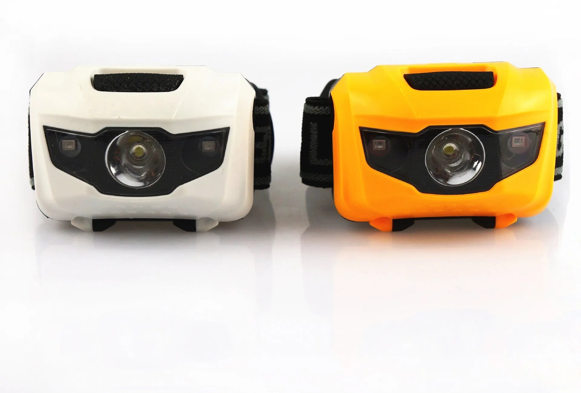 Outdoor head torch with adjustable strap, showing white and red LED lights, in black colour option.