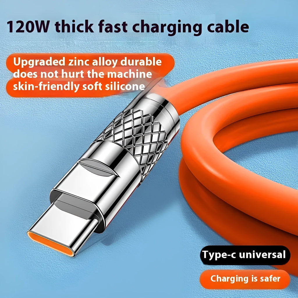 Orange zinc alloy fast charge data cable with Type-C, Micro USB and Lightning options, 0.3 m to 3 m lengths