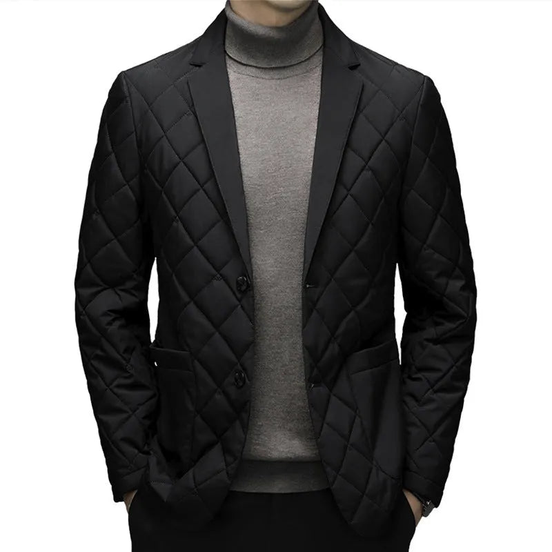 Men's black lapel cardigan-style down jacket with side seam pockets.