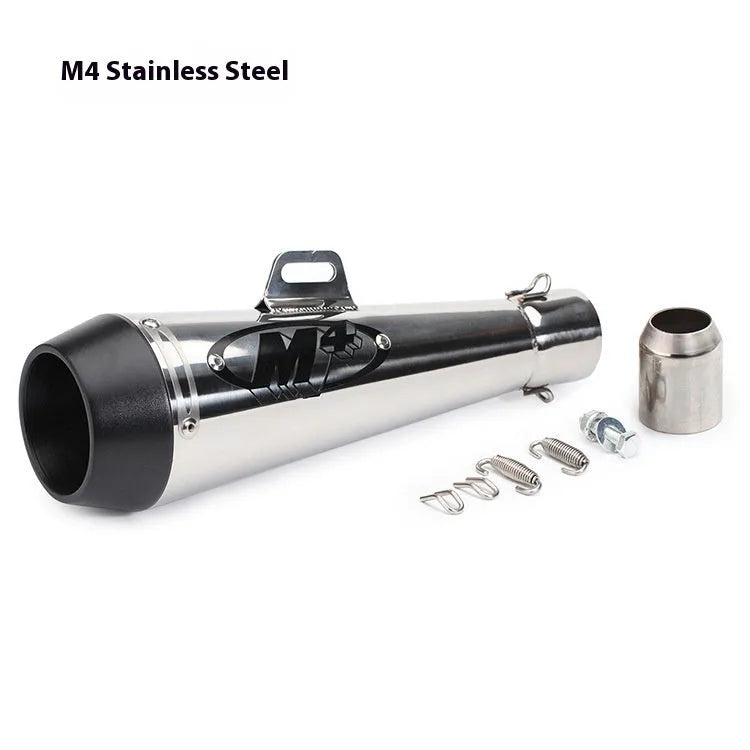 M4 universal motorcycle exhaust pipe in black finish, showing mounting hardware for large displacement bikes.