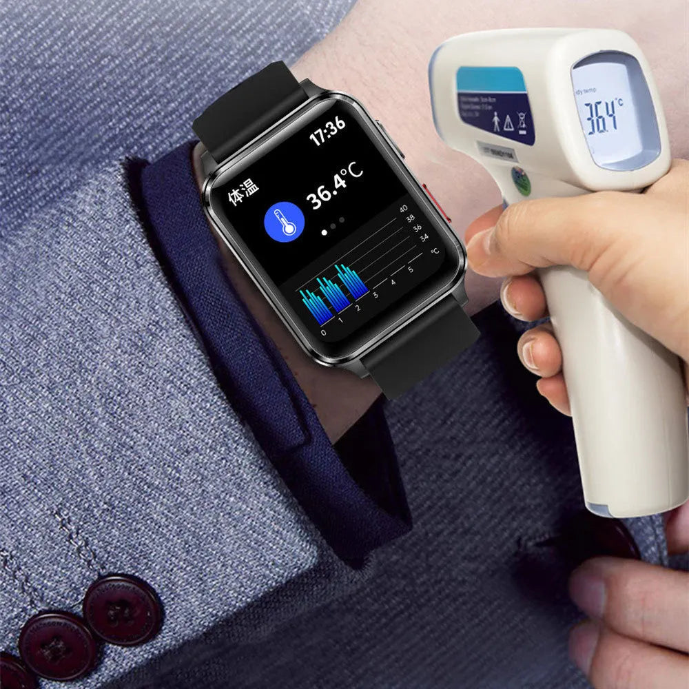 Air Type multi-sport smartwatch with 1.70-inch tempered glass screen and silicone wristband in blue, black, red, or leather options