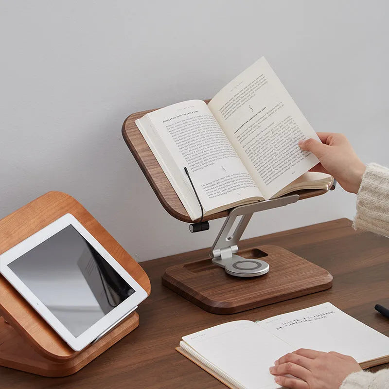 Natural walnut coloured solid wood reading rack with adjustable stand and tablet slot