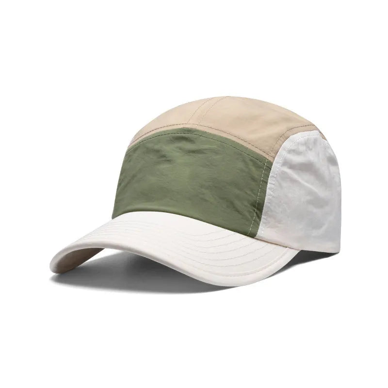 Men's khaki five-panel baseball cap with a curved brim and adjustable snap-back strap on a plain background.