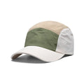 Men's khaki five-panel baseball cap with a curved brim and adjustable snap-back strap on a plain background.
