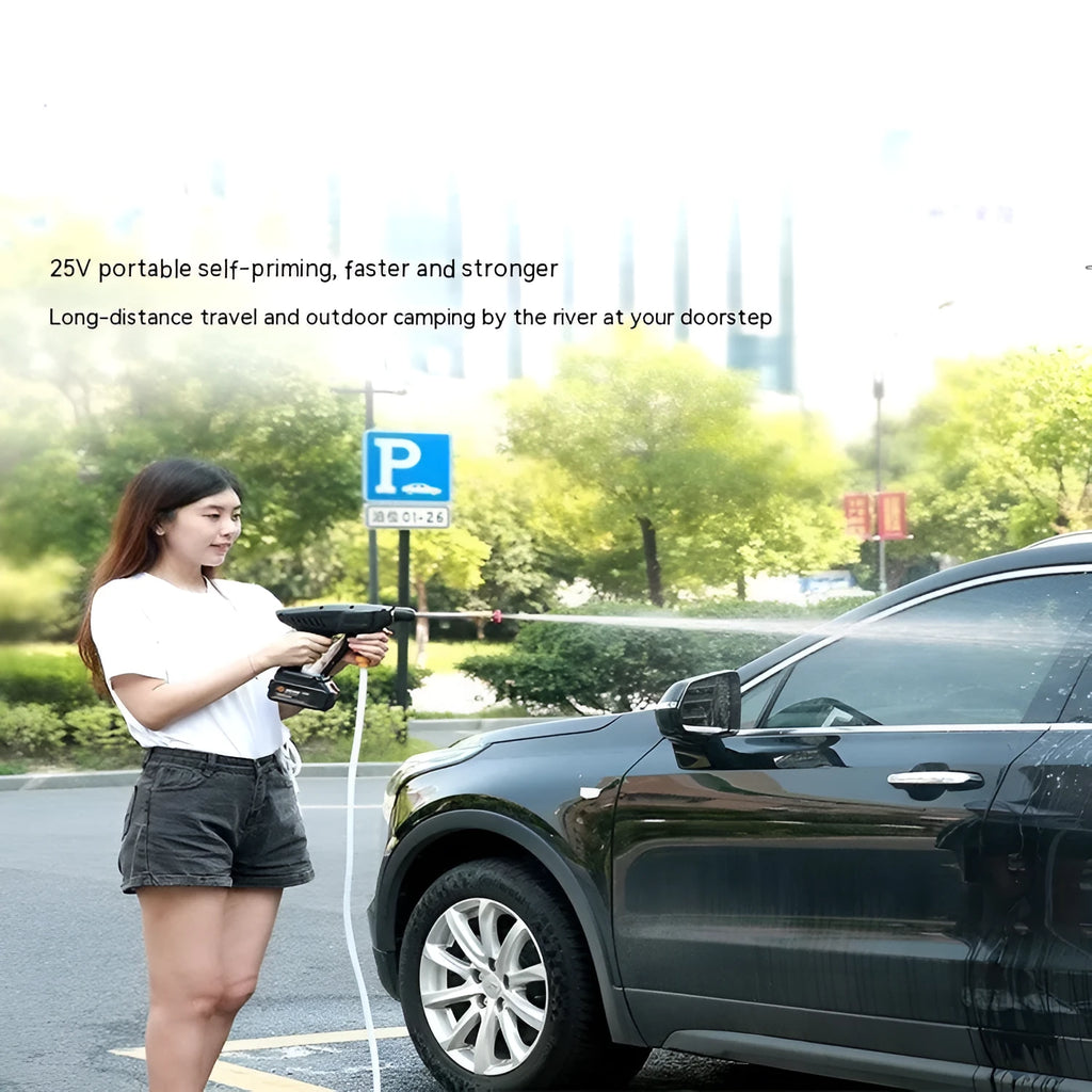 Portable wireless car washing gun with plastic handle and lithium battery pack