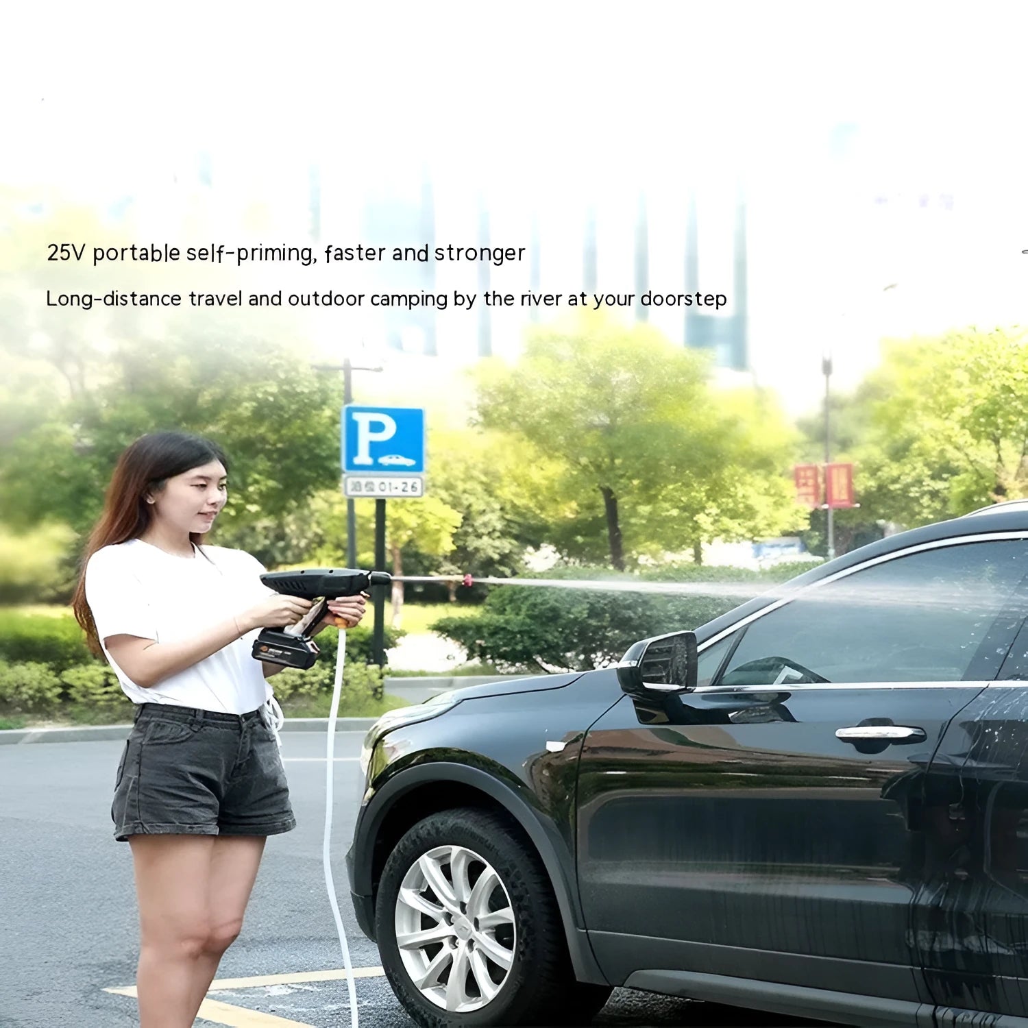 Portable wireless car washing gun with plastic handle and lithium battery pack