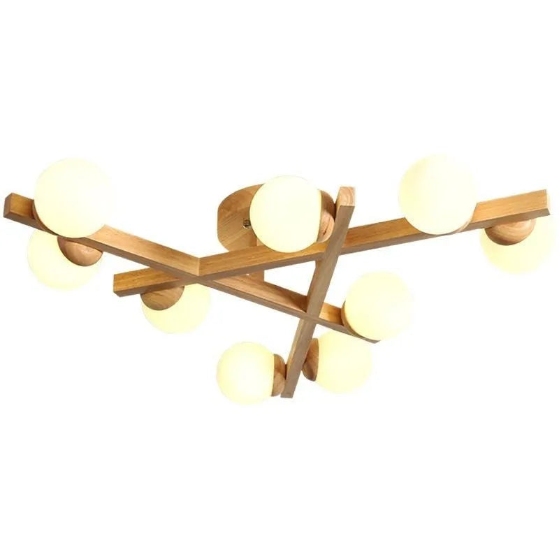 Nordic wooden-style ceiling light with three adjustable heads in a modern living room setting.
