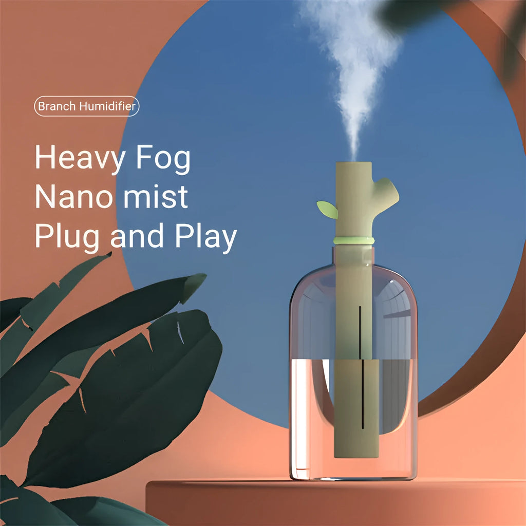 Transparent portable USB humidifier with purification stone showing 197mm height and mist output