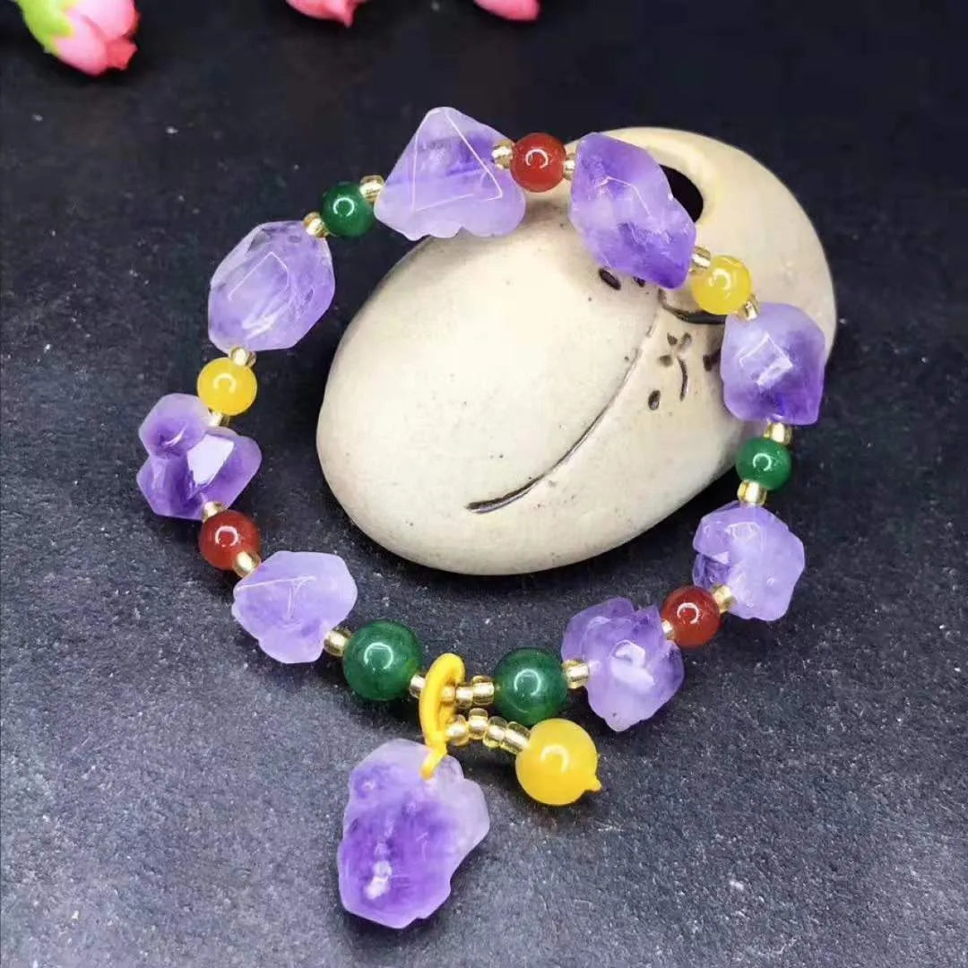 Natural-shaped amethyst bead bracelet with engraved fu character for women's jewellery