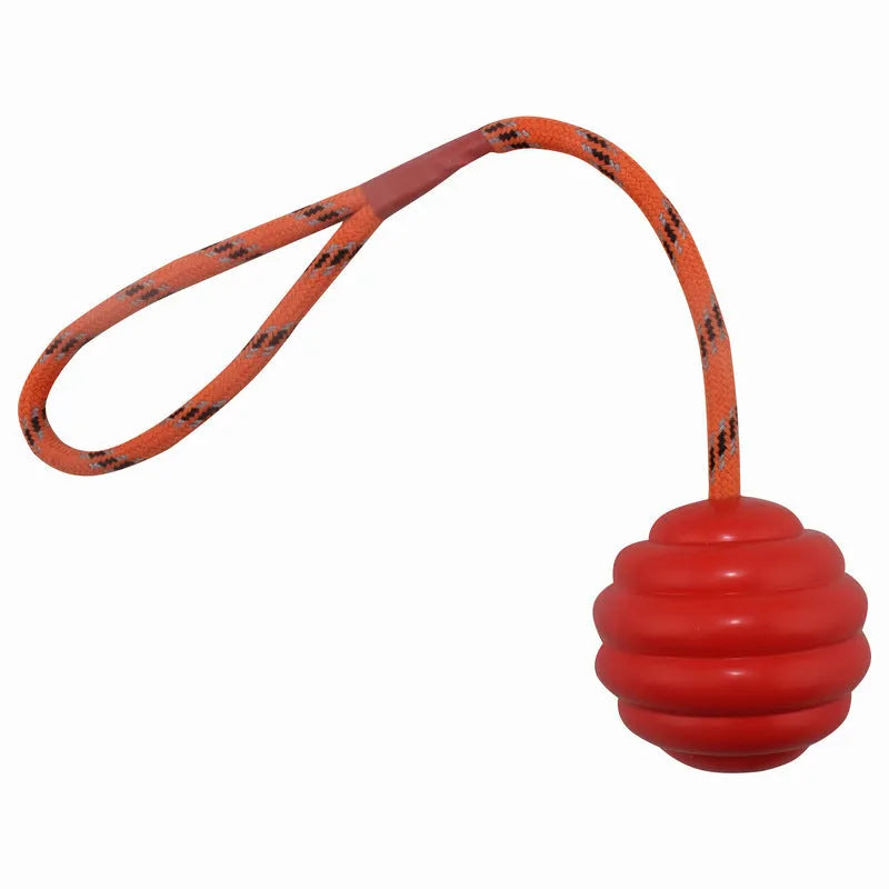 Multi-colour rubber pet training ball with rope knot design, 6x30cm size