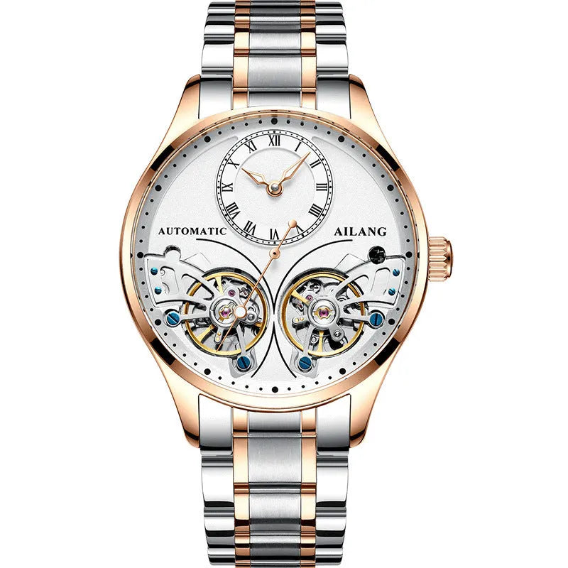 Men's automatic watch with tourbillon, moon phase, black steel case, and transparent back showing Seiko movement.