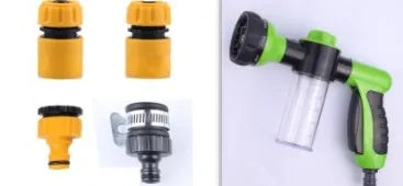 Green high-pressure foam spray gun for car washing with adjustable nozzle and attached water pipe.