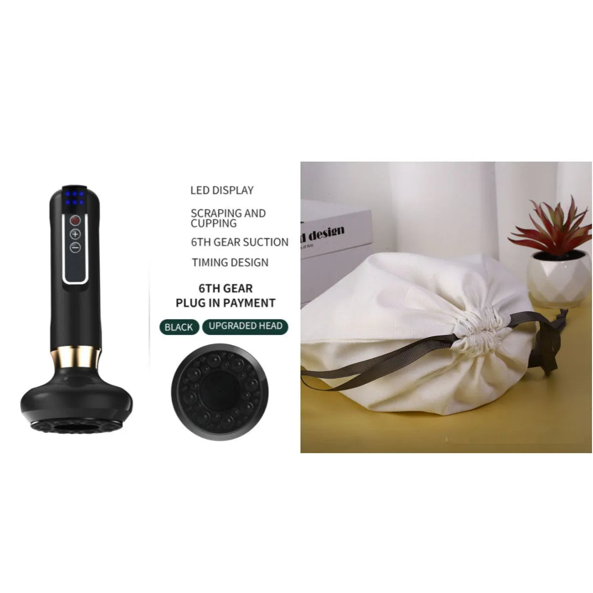 Green electric vacuum cupping massager with suction cup and charging cable