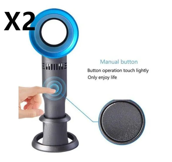 Compact portable bladeless desk fan with USB charging cable on a wooden desk