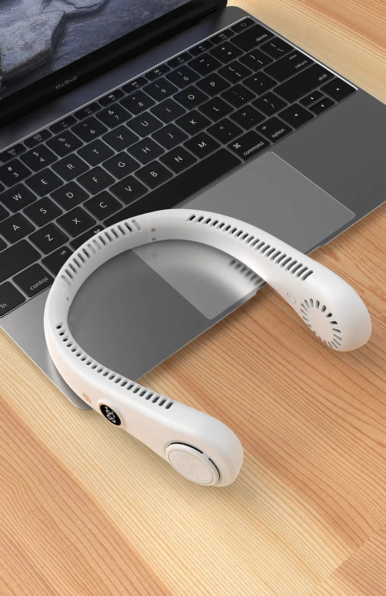 White USB rechargeable bladeless neck fan being worn, showing its compact design and flexible neckband.